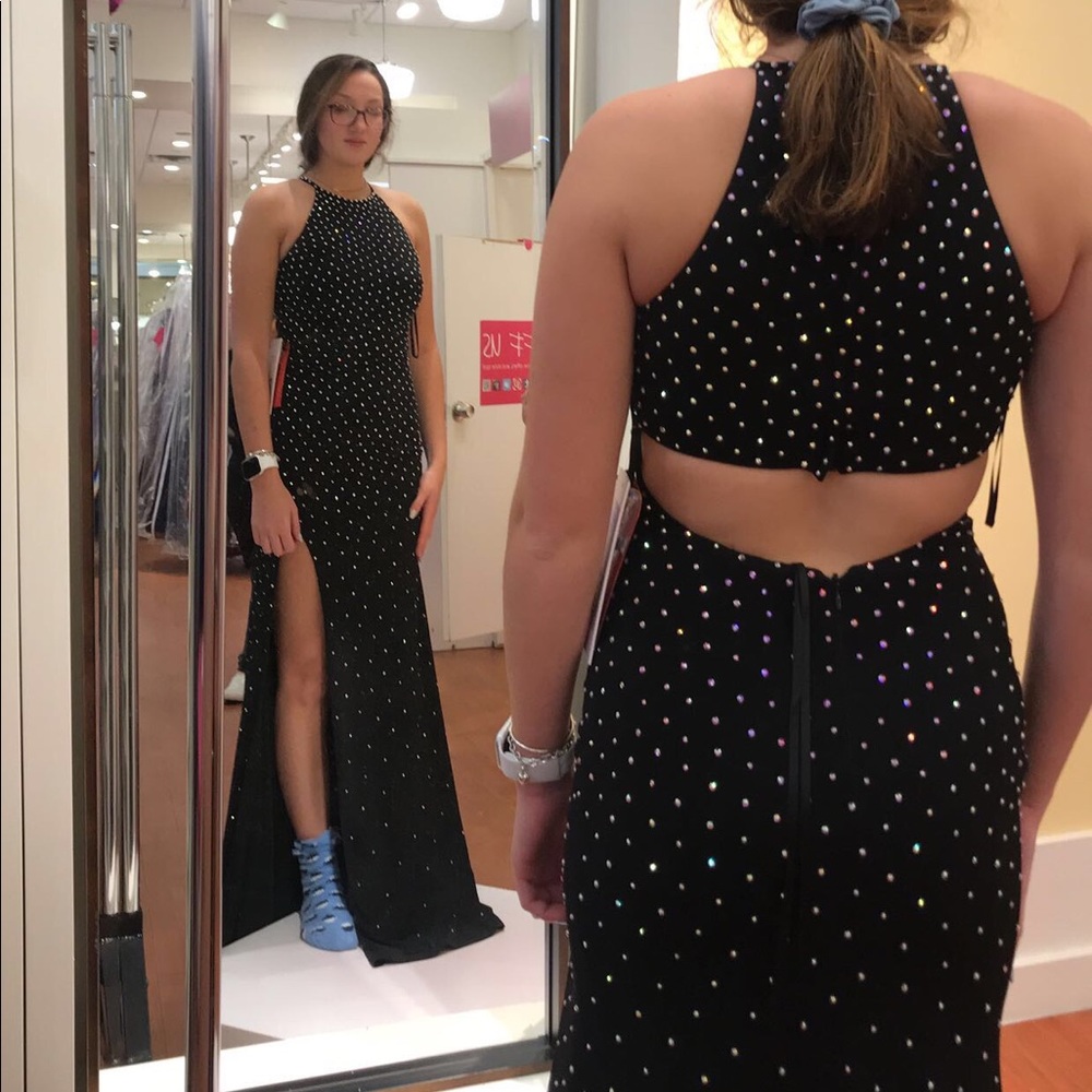 black with open back and sparkly gems